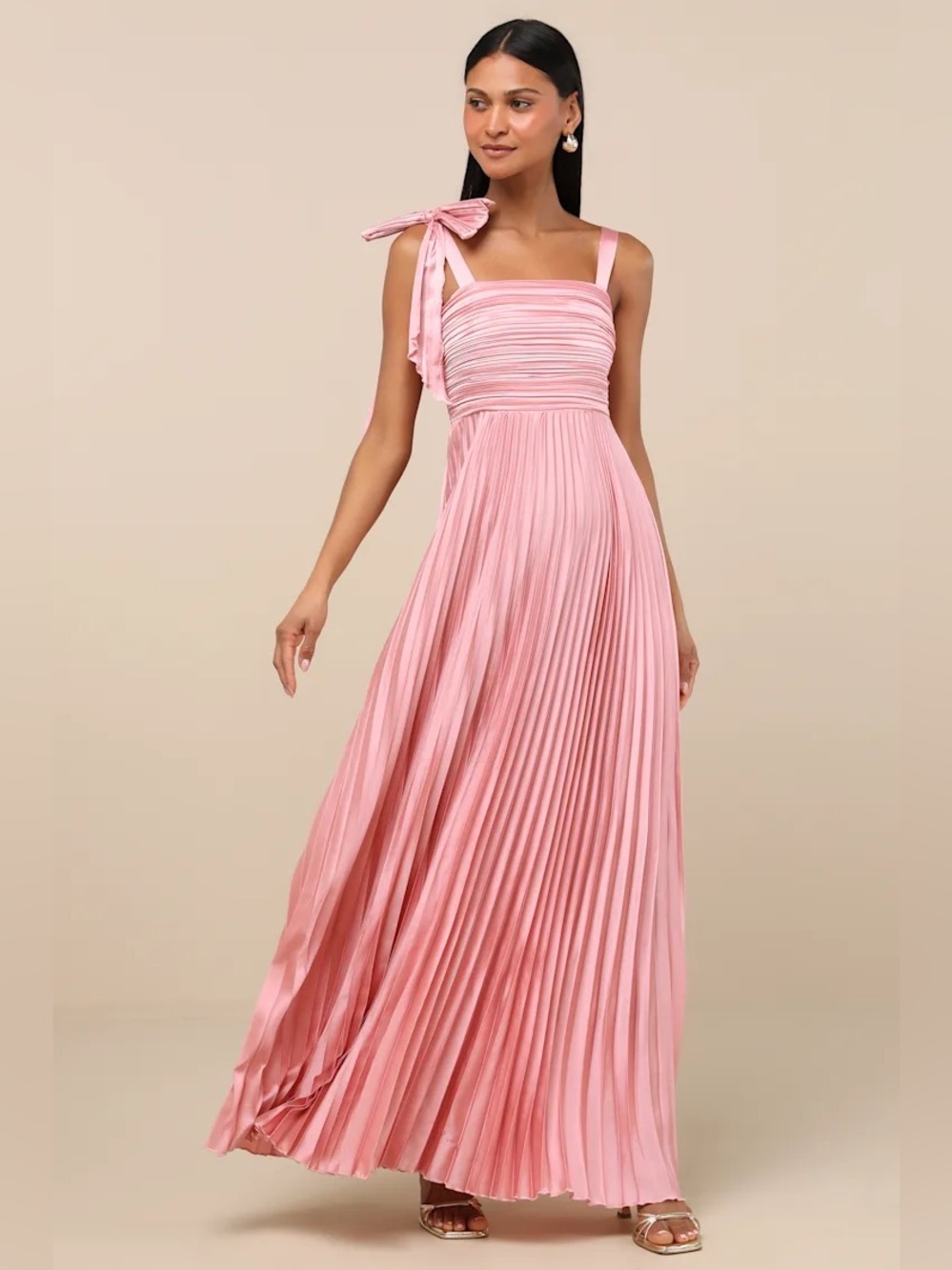 Lulus Gorgeous Purpose Pink Satin Pleated Sleeveless Bow Maxi Dress